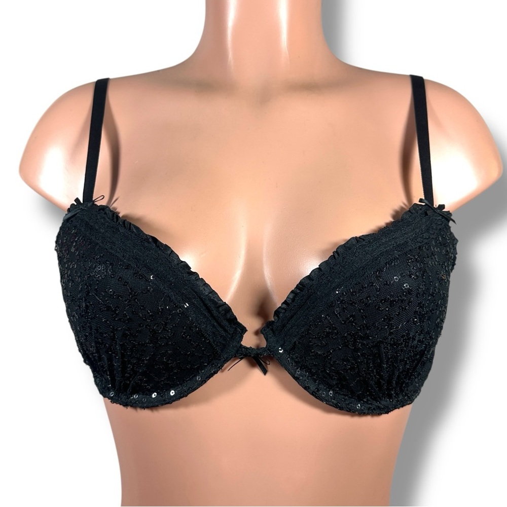 Victoria’s Secret Black Sequin Push-Up Bra 36C Ruffle Trim Event Lingerie